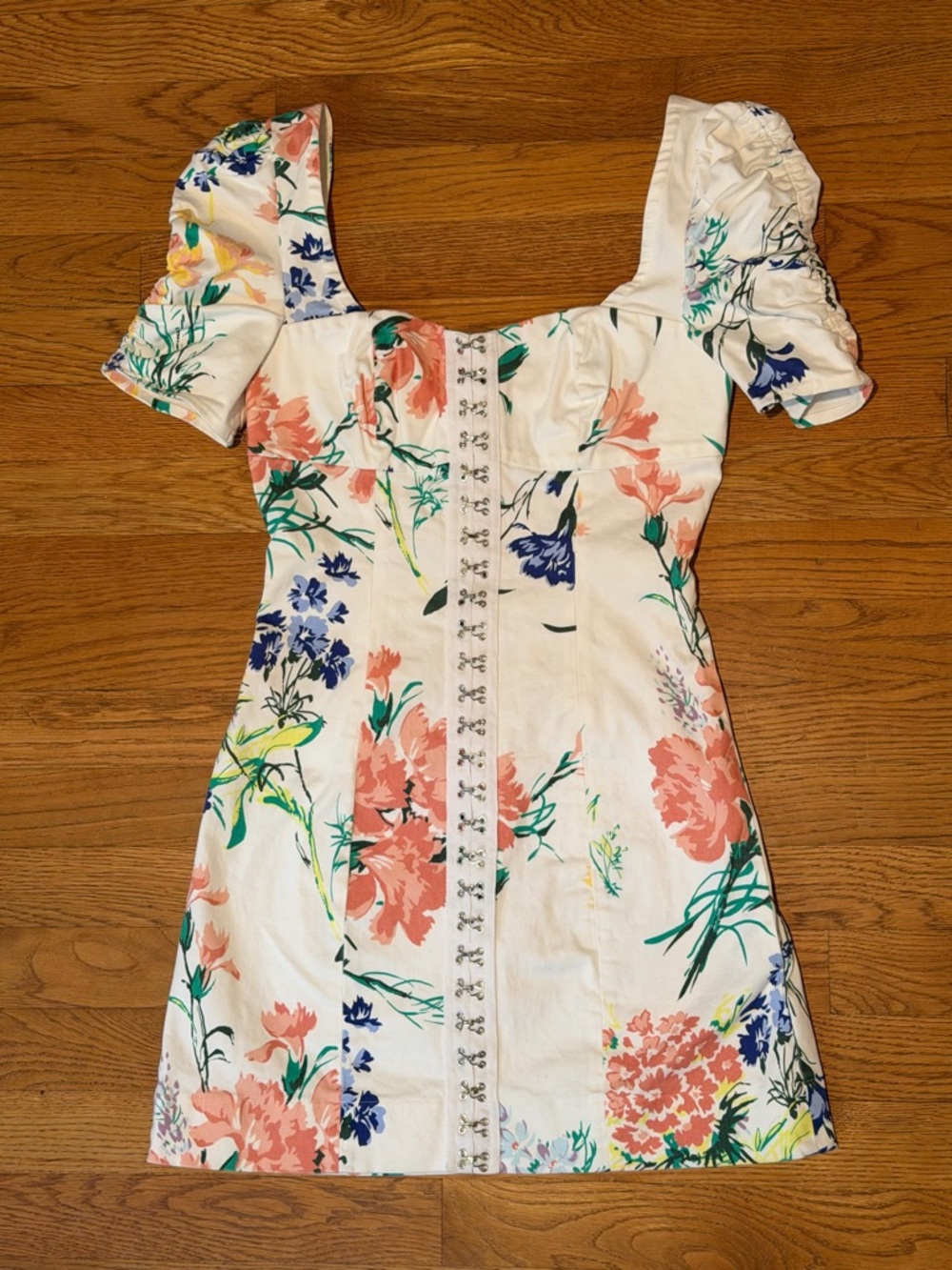 Urban Outfitters White Mini Dress with Coral & Blue Floral Print - Picture 6 of 9
